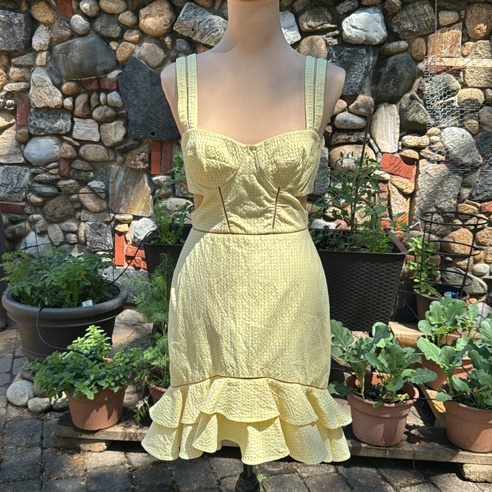 Jonathan Simkhai Yellow Seersucker Gingham Cutout Mini Tulip Ruffle Dress Size 4